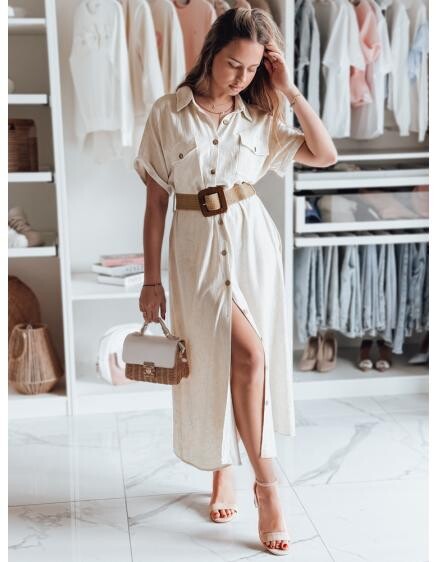 Košilové šaty s páskem maxi ARMINA světle béžové