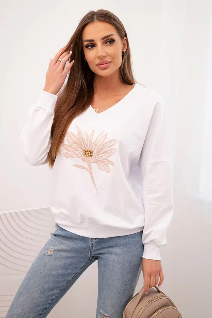 Kesi Dámská mikina s výstřihem do V a vyšívaným květem bílá