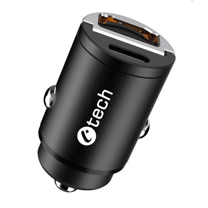 Nabíjačka USB do auta C-TECH UCC-02, 1x Type C + 1 x Type A, 30W, Power delivery 3.0, Quick Charge 3.0, hliníkové telo
