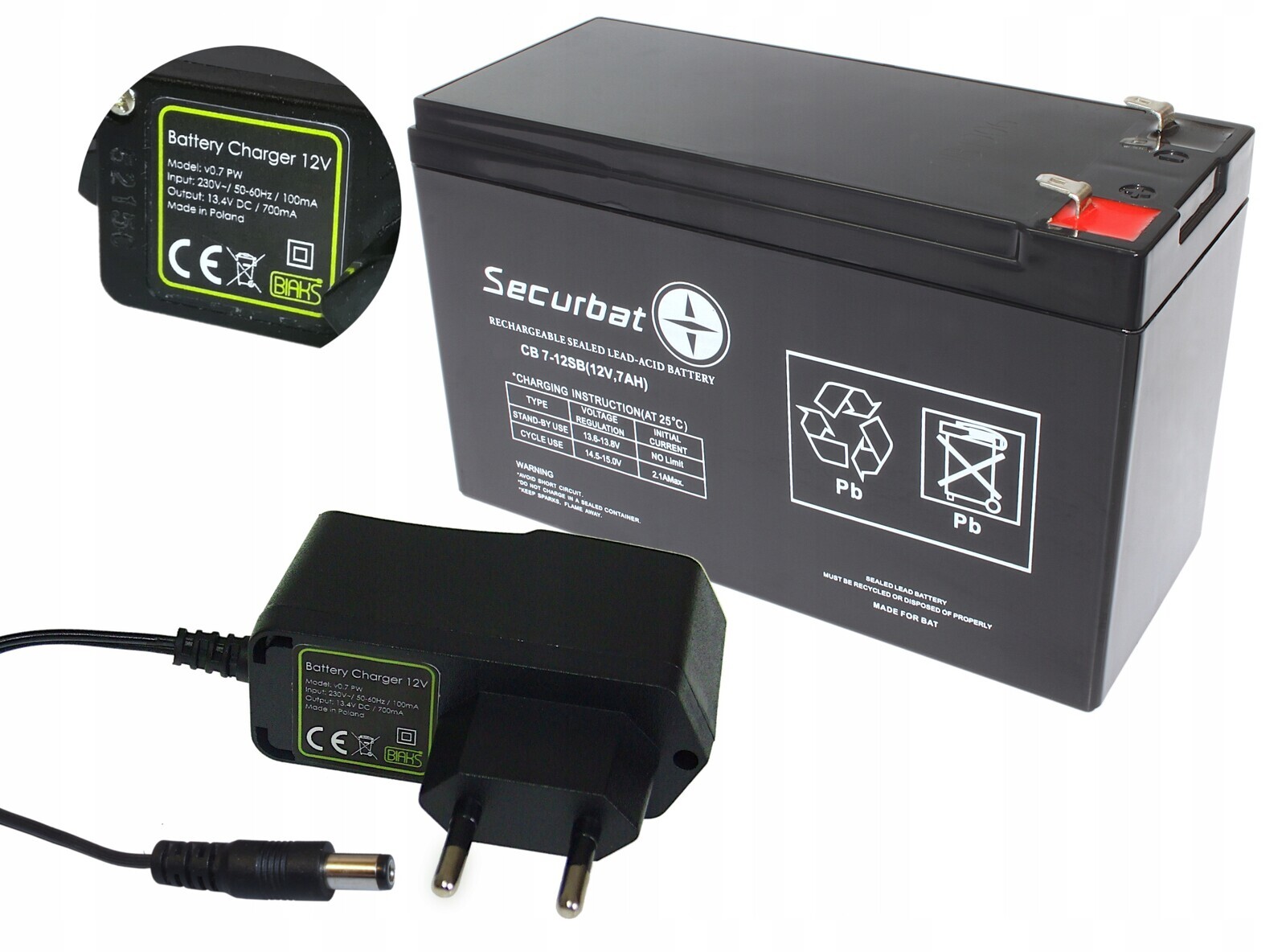 Akumulátor Agm 12V 7Ah Securbat (rozměr 7,2Ah 9Ah) 12V zástrčková nabíječka