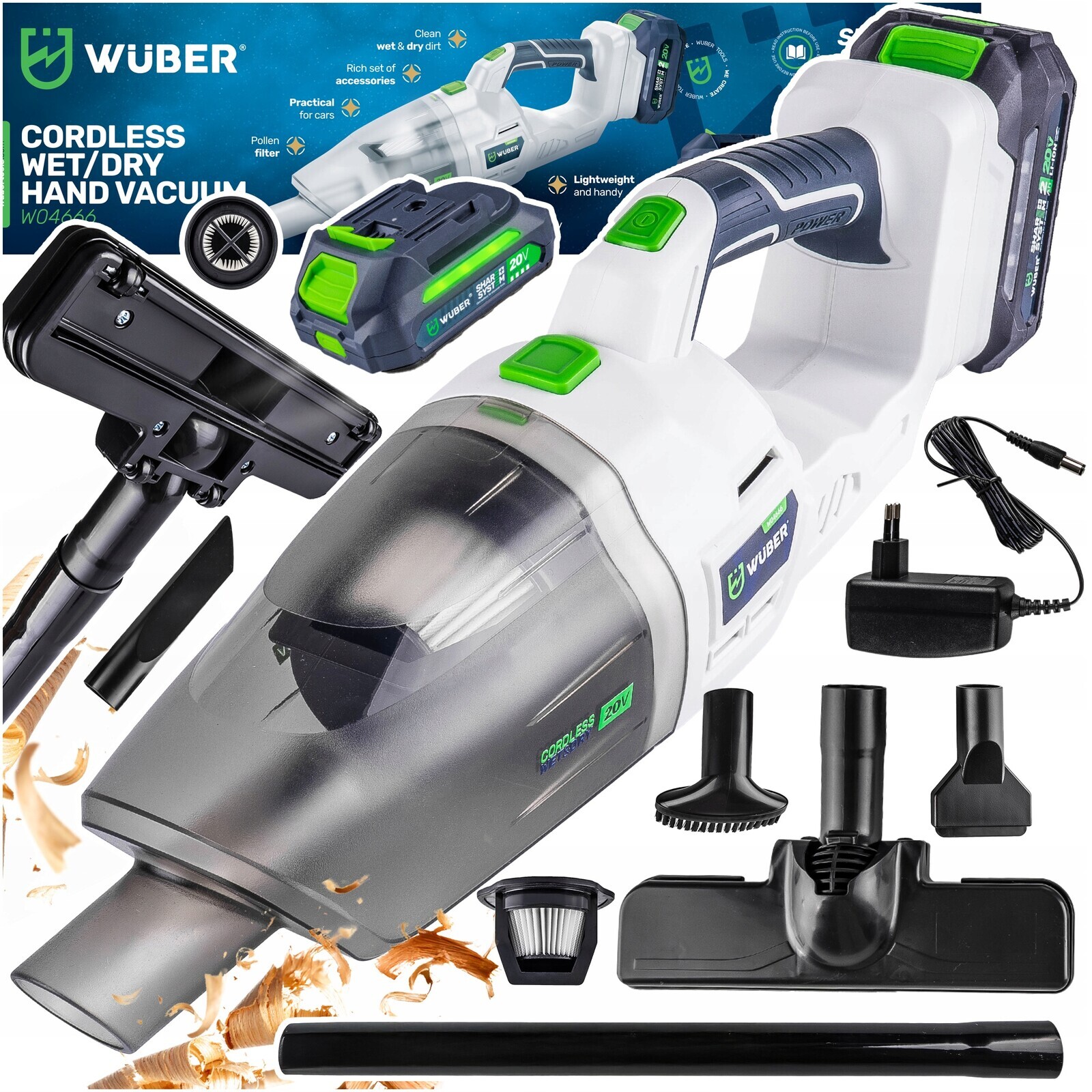 Akumulátorový Vysavač Wuber Aku 20 V Suchý Mokrý Hepa Přenosný