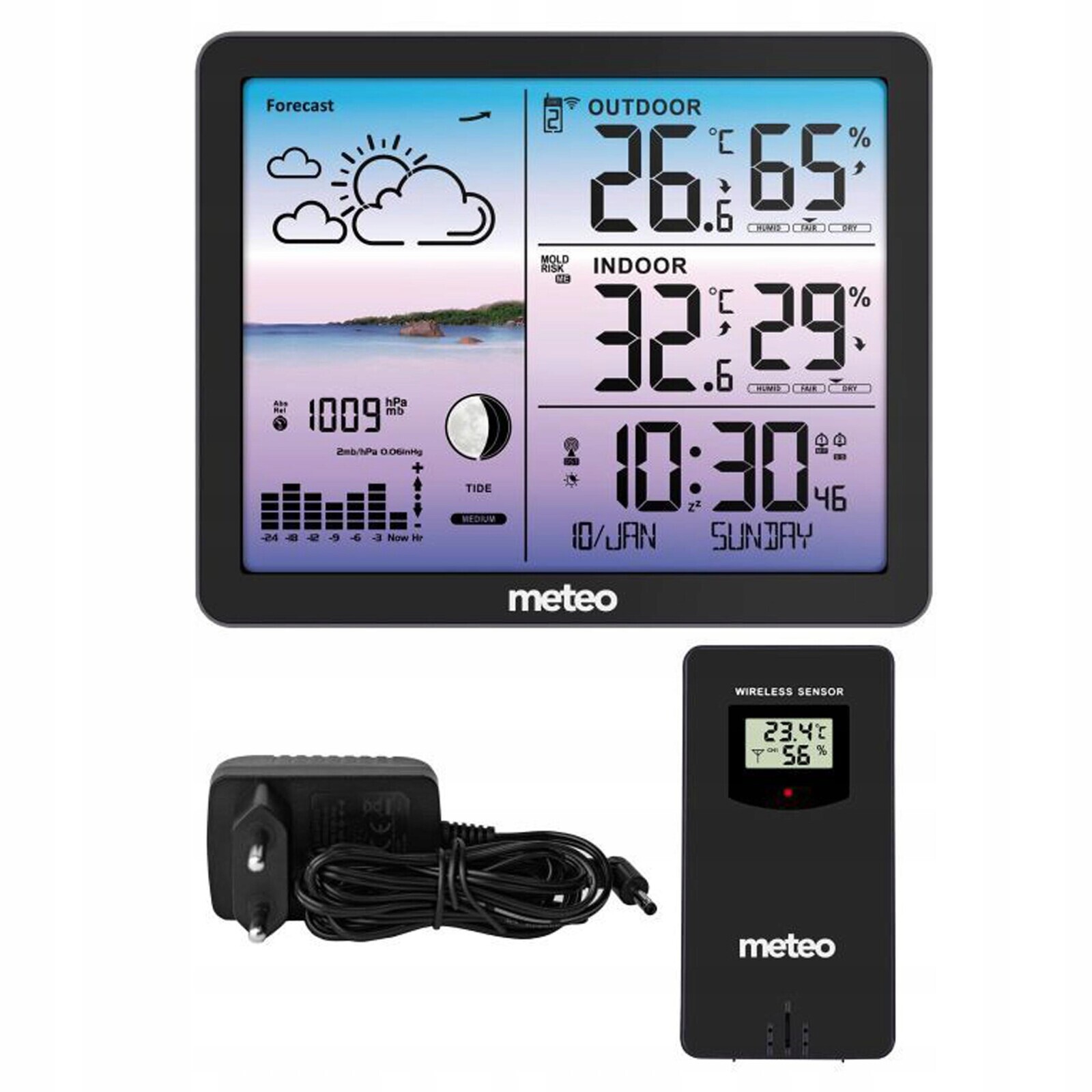 Bezdrátová černá meteorologická stanice SP107 Barometr Hodiny