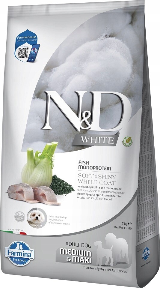 Farmina N&d White Dog Adult Medium Maxi Mořský vlk, spirulina, fenykl 7 kg