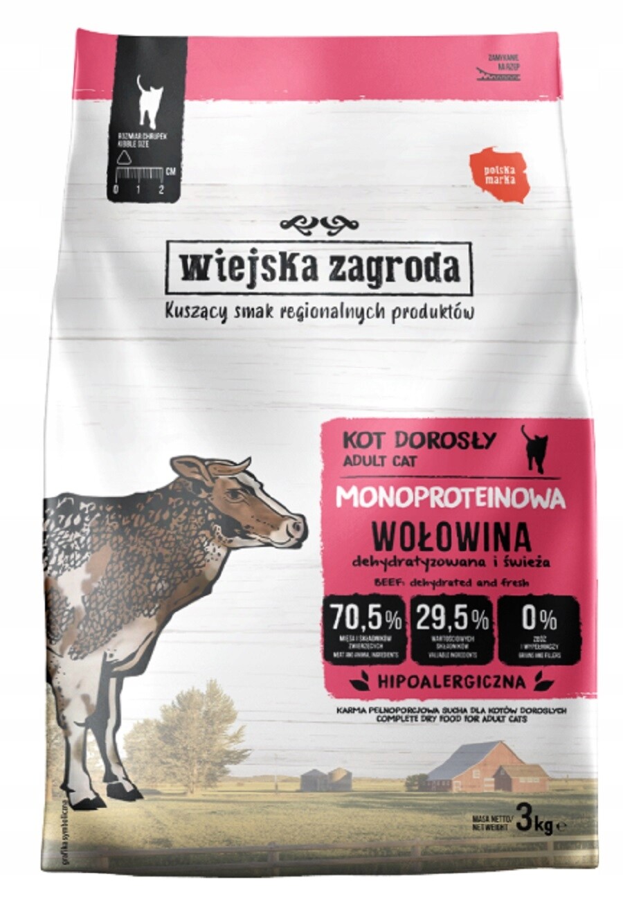 Wiejska Zagroda Suché Krmivo 3 kg Monoproteinové hovězí maso pro kočky