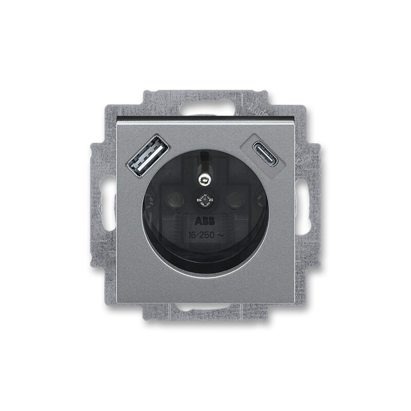 Zásuvka 230 V s USB jednonásobná ABB Levit ocelová, kouřová černá