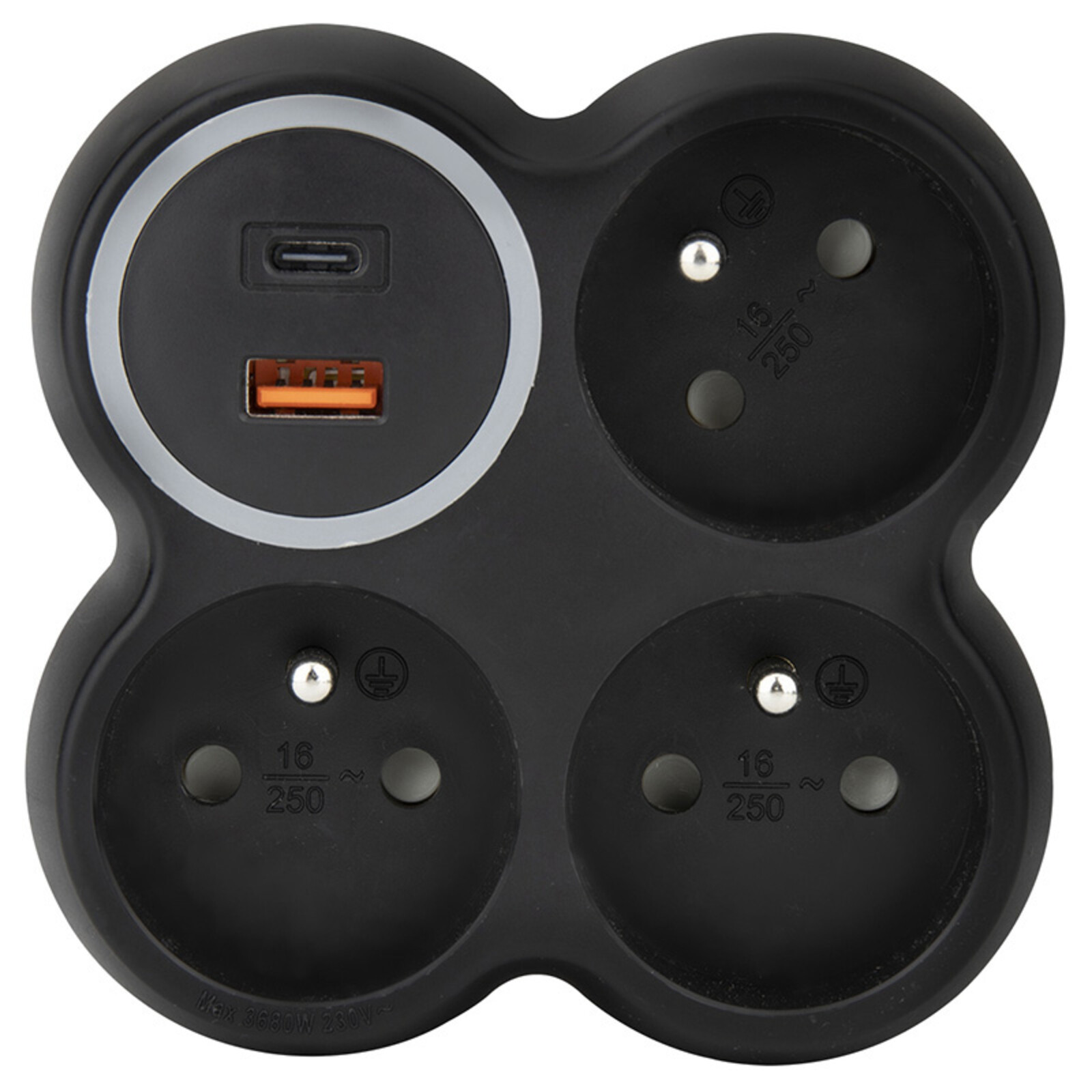 Solight rozbočka, 3x 15A, USB A+C rychlonabíječka 20W PD, matná černá P106CB-PD20