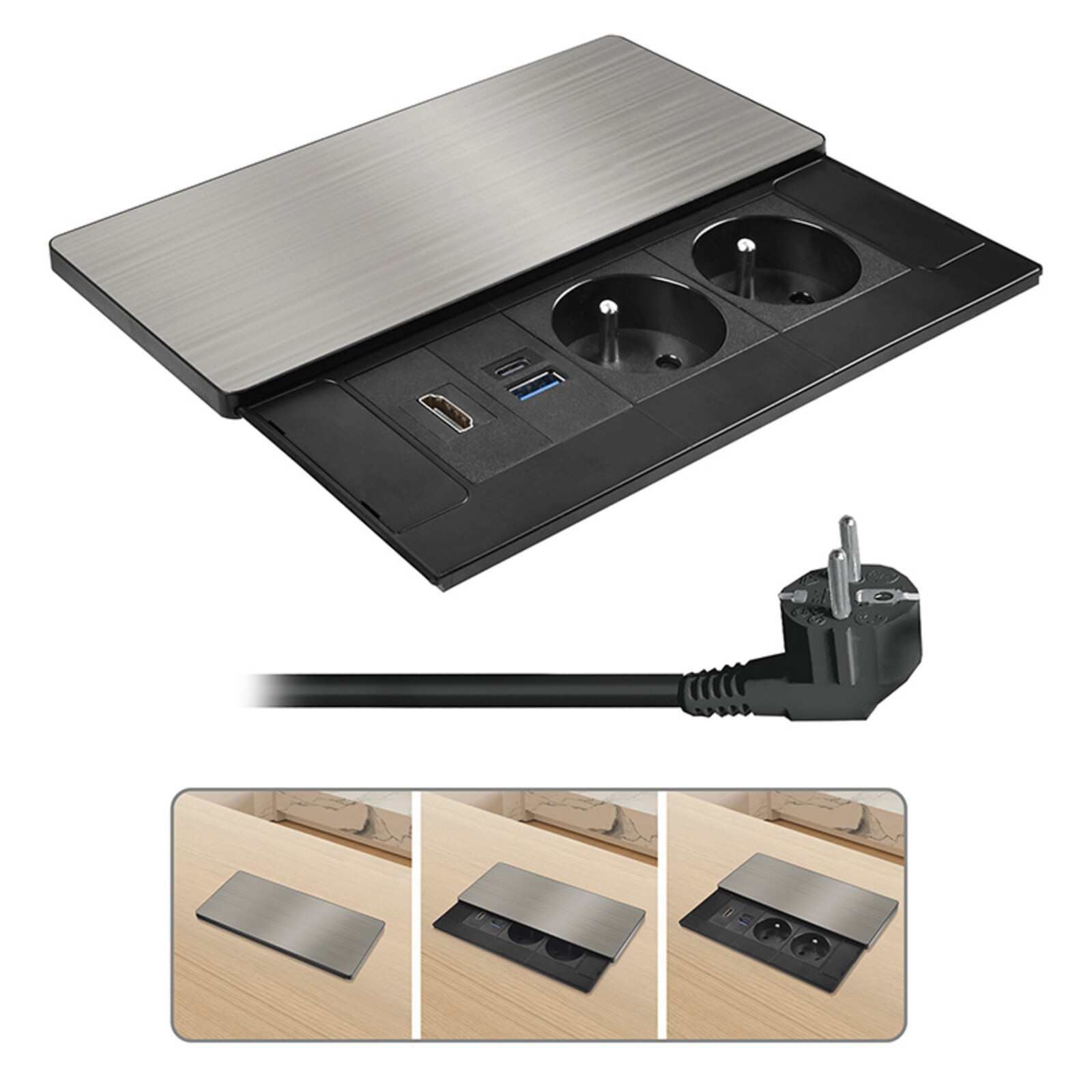 Solight vestavný blok zásuvek s posuvným krytem, 2 zásuvky, HDMI, USB A+C 20W PD, 2m, stříbrný PP128C-PD20-HDMI