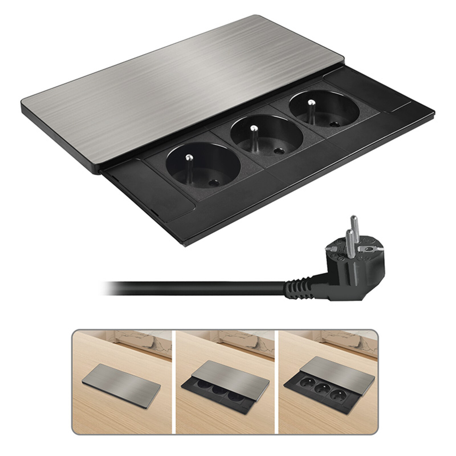 Solight vestavný blok zásuvek s posuvným krytem, 3 zásuvky, 2m, stříbrný PP128