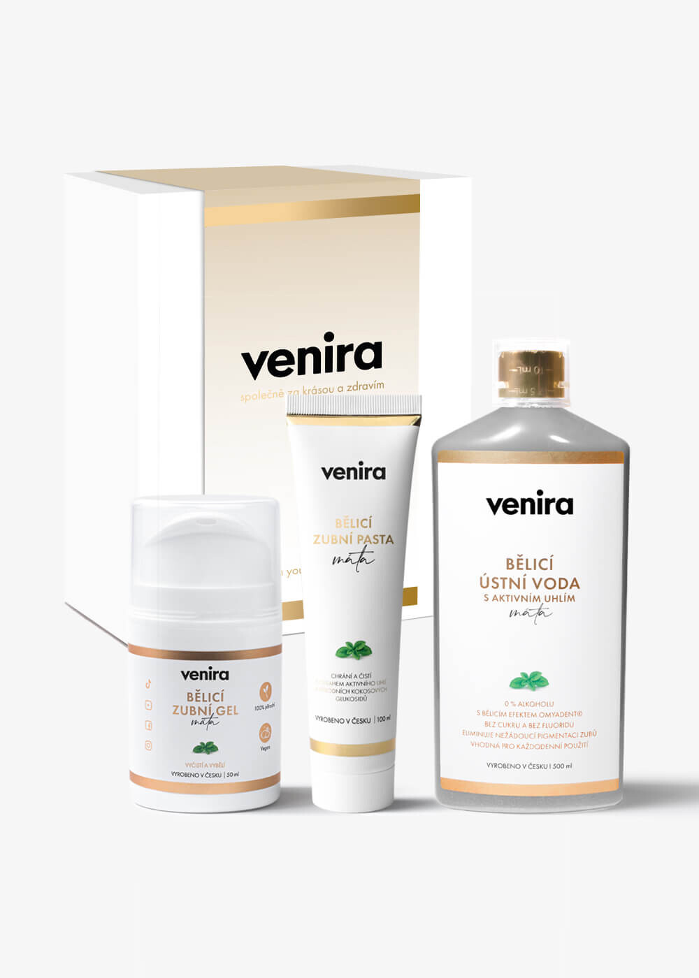 VENIRA dárková sada - bělicí zubní gel, bělicí zubní pasta, bělicí ústní voda s aktivním uhlím