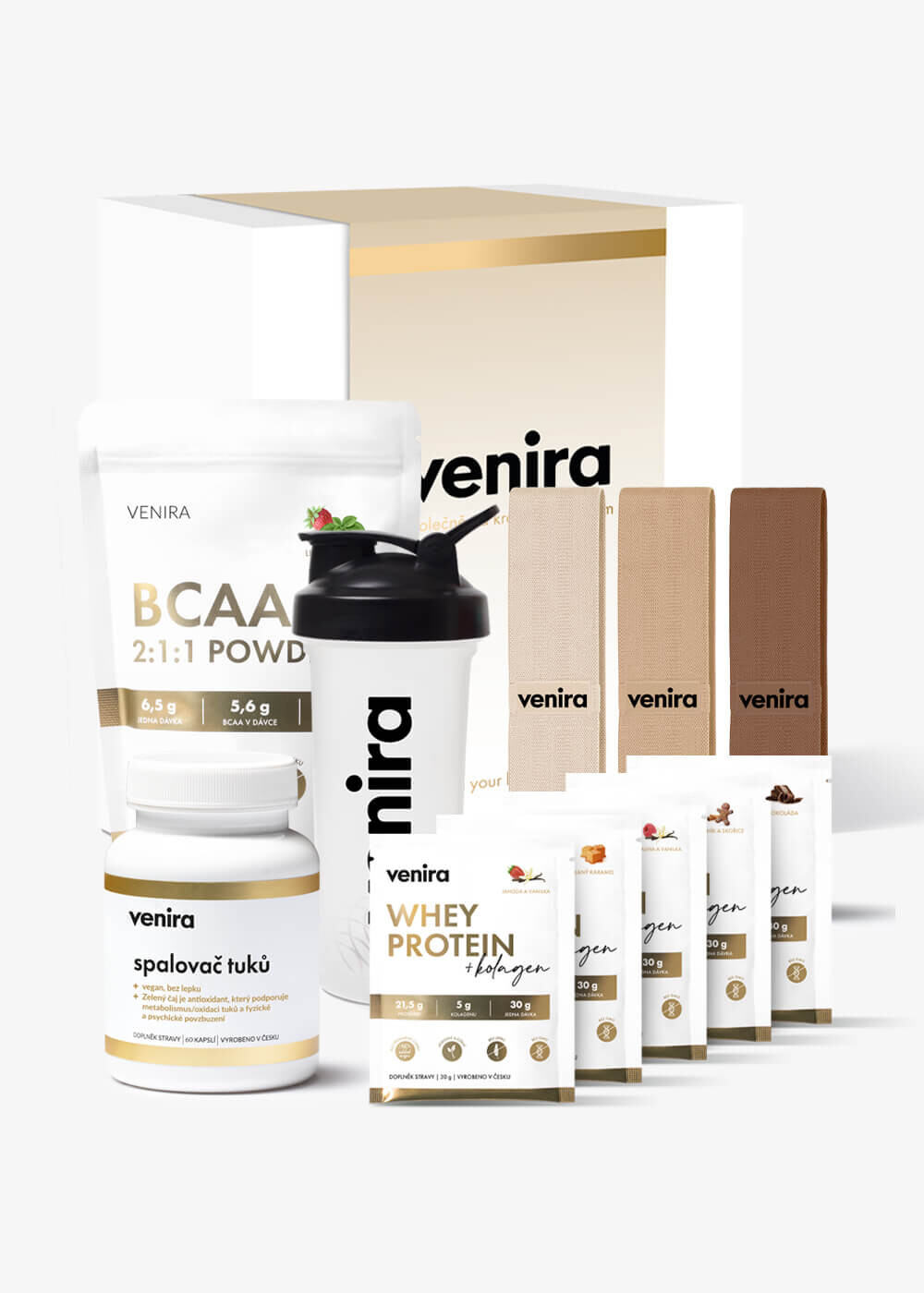 VENIRA dárková sada - BCAA, spalovač tuků, shaker, odporovací gumy, vzorečky whey proteinu