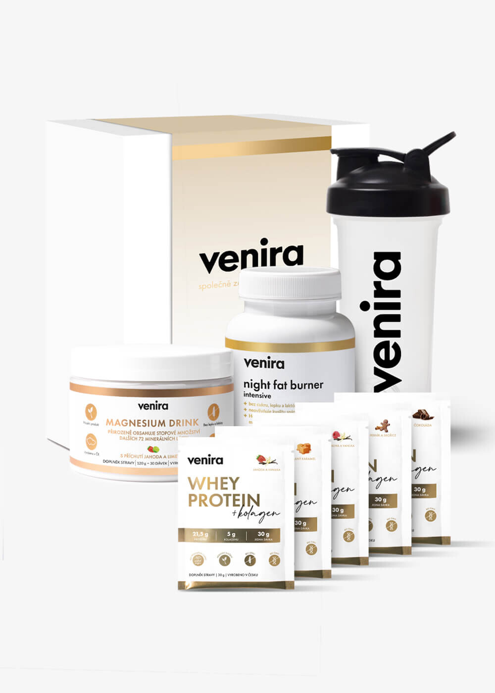 VENIRA dárková sada - magnesium drink, night fat burner, shaker, vzorečky whey proteinu