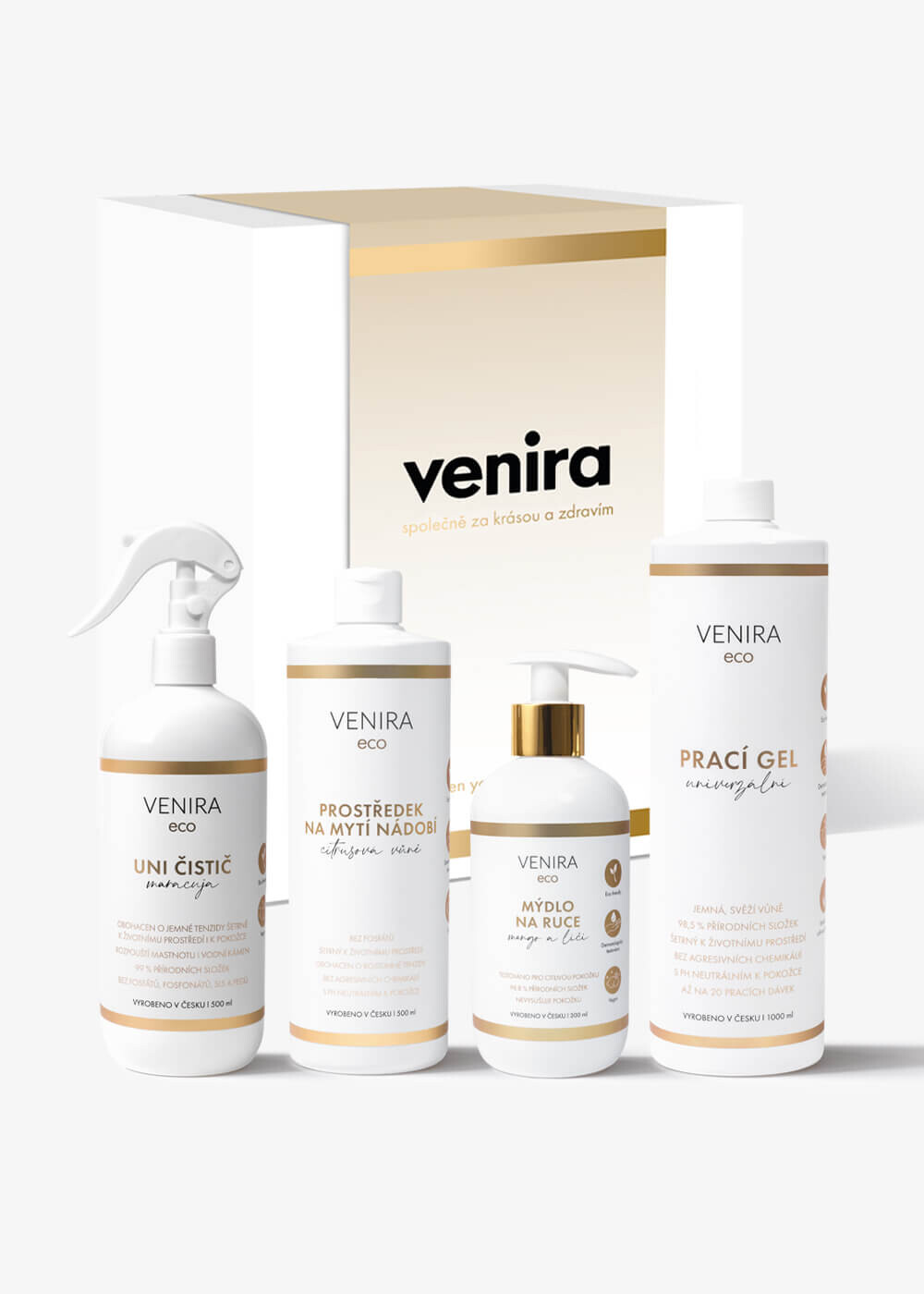 VENIRA dárková sada - uni čistič, prostředek na mytí nádobí, mýdlo na ruce, prací gel