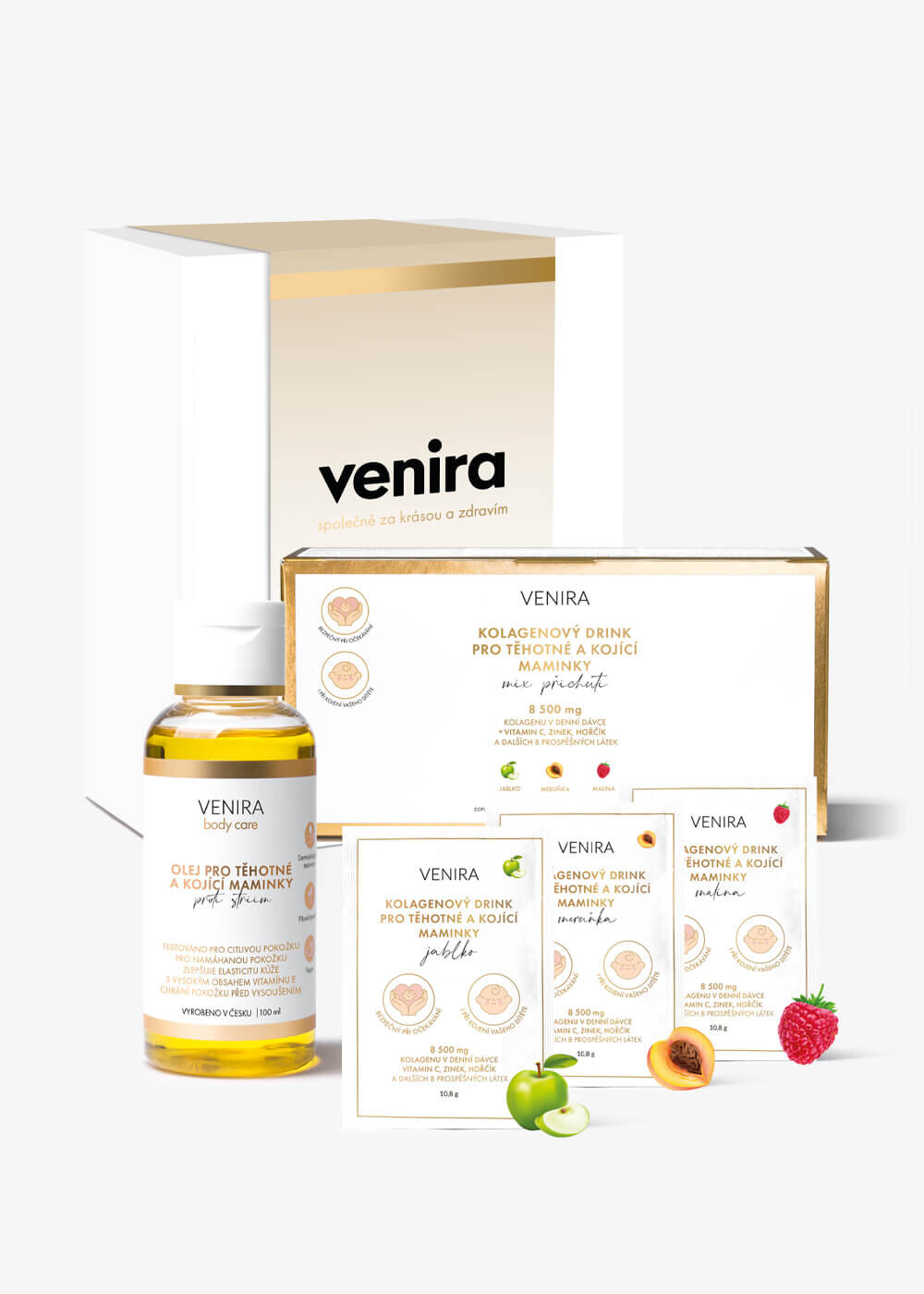VENIRA dárková sada pro těhotné a kojící maminky - olej a PREMIUM kolagen pro těhotné a kojící maminky