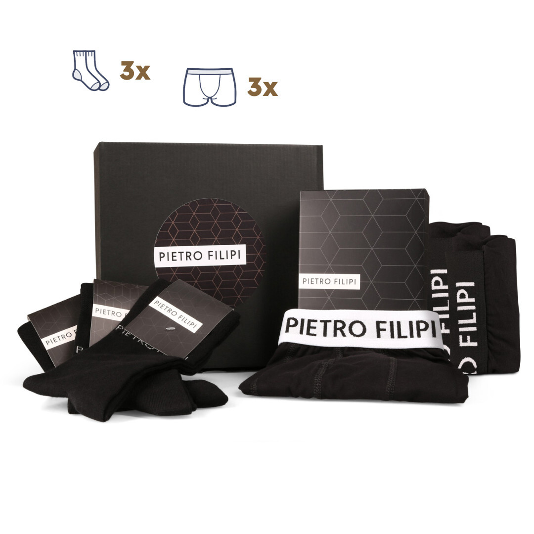 Pánská dárková sada 3PACK boxerky a 3PACK ponožky Pietro Filipi černé (6PARC1) L, trenky / trenýrky
