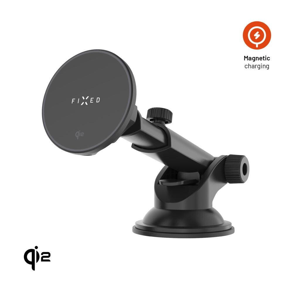 Držák s bezdrátovým nabíjením FIXED MagRound 2 XL na sklo nebo palubní desku, podpora MagSafe, 15W, Qi2, černý