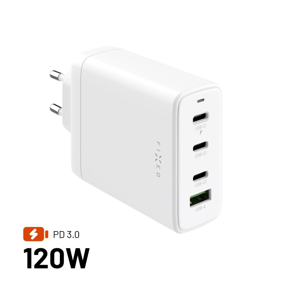 Síťový GaN adaptér FIXED s 3xUSB-C a USB výstupem, podpora PD 3.0, 120W, bílý