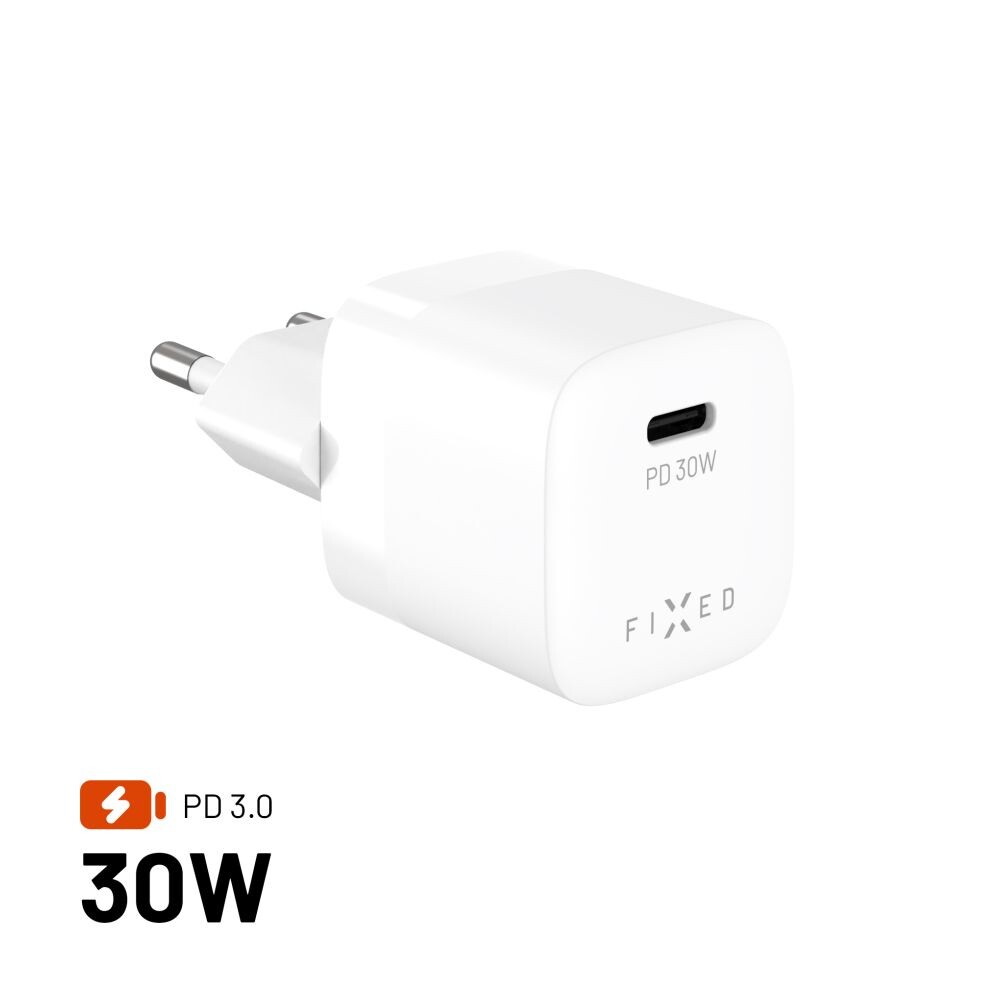 Síťová GaN nabíječka FIXED Mini s USB-C výstupem a podporou PD, 30W, bílá