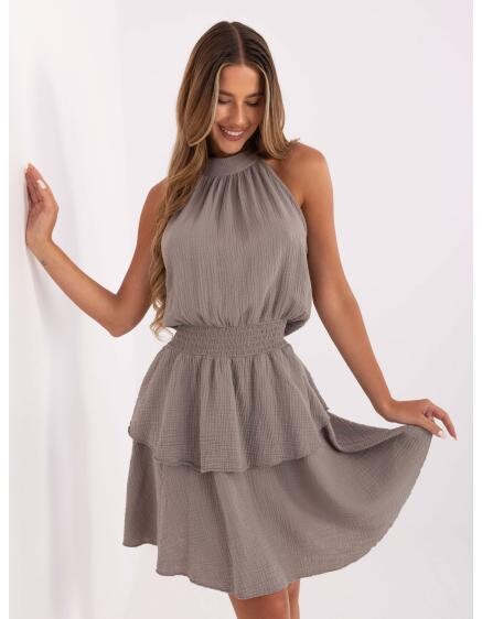 Tmavě béžové mušelínové šaty s volánky