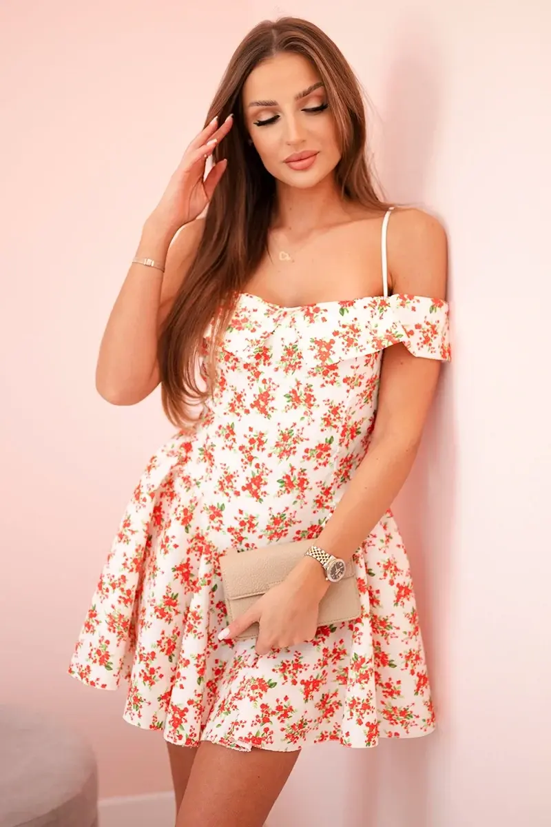 Kesi Włoski Dámské květované rozšířené šaty s odhalenými rameny ecru