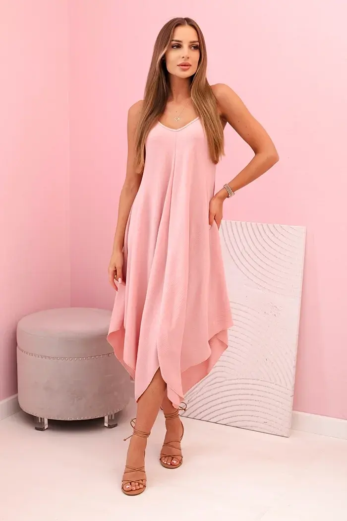 Kesi Włoski Women's dress with straps flared with an asymmetrical hem pudrově růžová