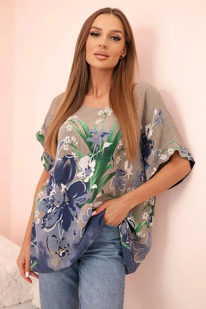 Kesi Włoski Dámská bavlněná blůza s květinovým potiskem a krátkým rukávem fango
