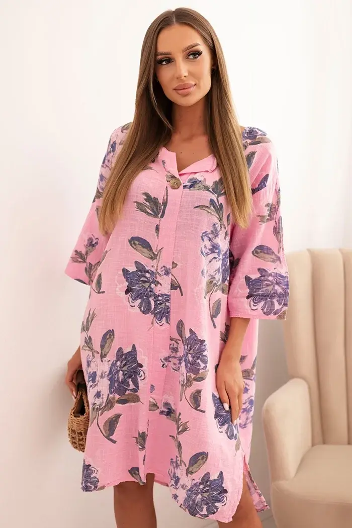 Kesi Włoski Dámská bavlněná šaty s květinovým vzorem a 3/4 rukávem světle růžová