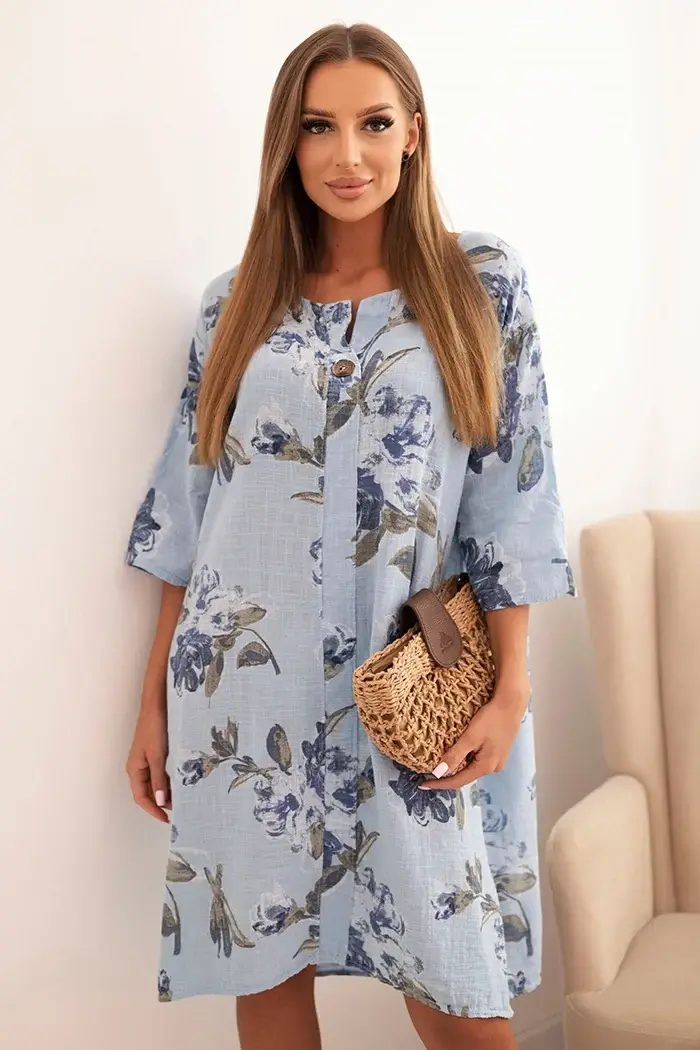 Kesi Włoski Dámská bavlněná šaty s květinovým vzorem a 3/4 rukávem modrá
