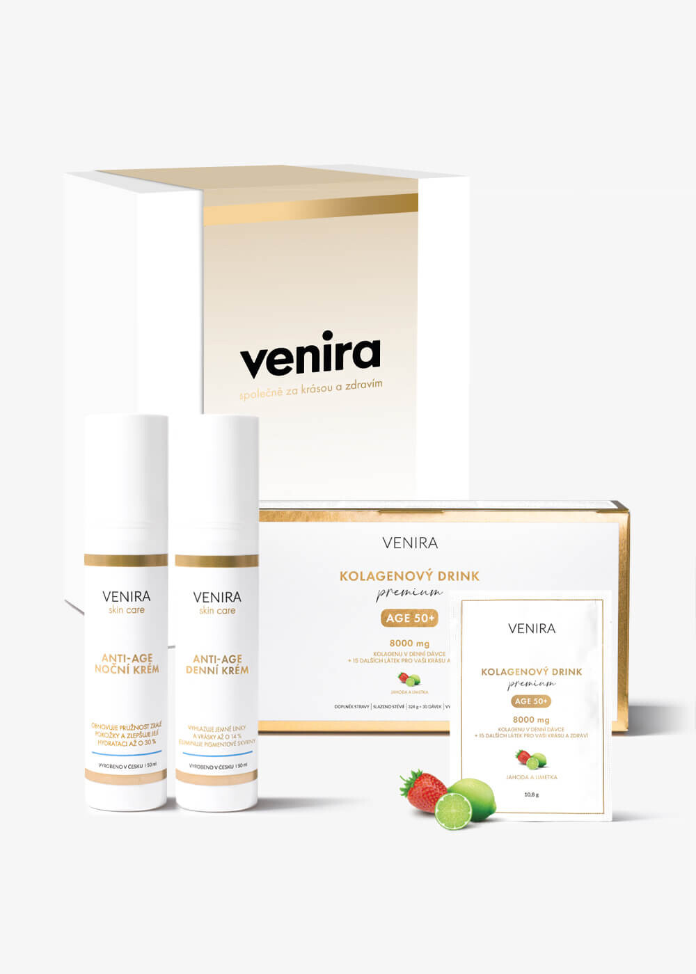 VENIRA dárková sada - anti-age denní a noční krém, PREMIUM kolagenový drink 50+