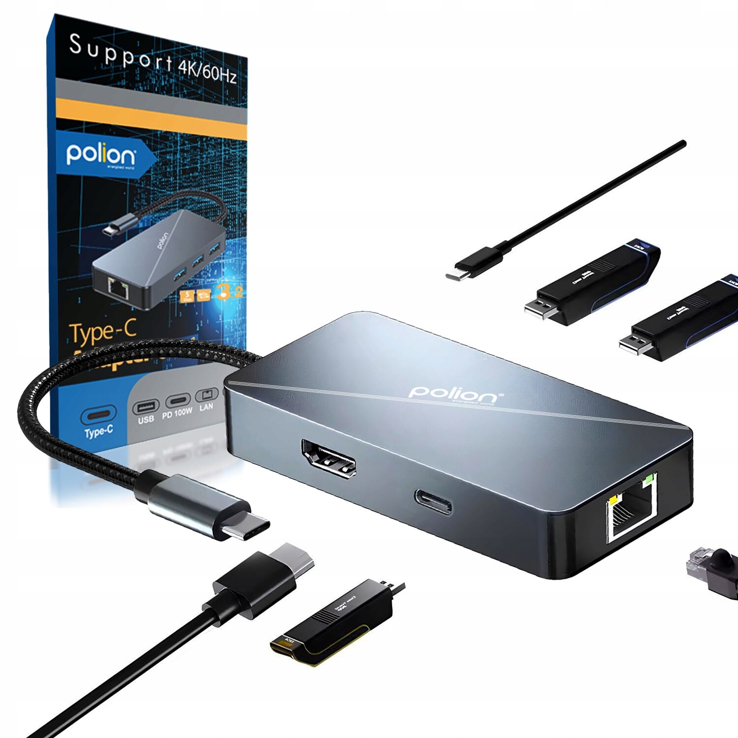 Adaptér Hub 6v1 Polion Usb-c adaptér Usb 3.2 Pd 100W Hdmi 4K Lan 1Gb