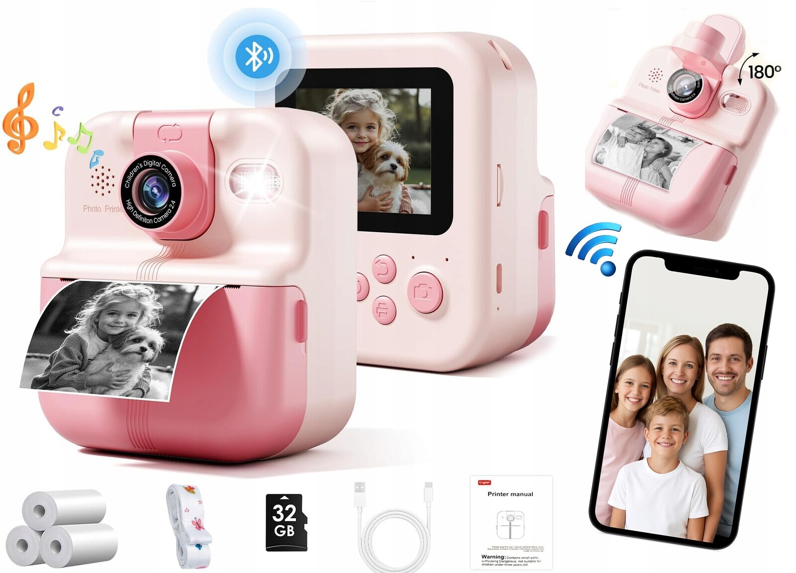 Instantní fotoaparát pro děti Digitální MP3 Hry Tisk Telefon Objektiv 180s