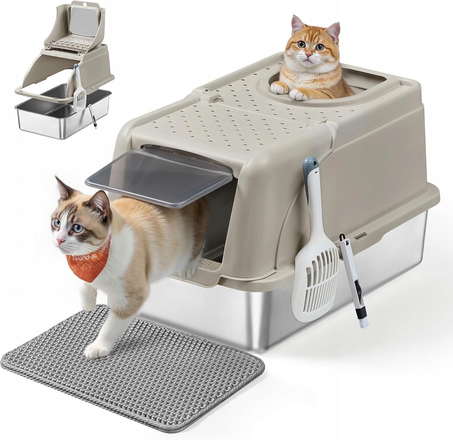 Kočičí Toaleta Z Nerezové Oceli S Víkem, 2 Vchody S Lopatkou