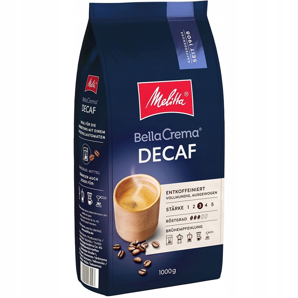Káva zrnková Melitta Bellacrema Decaf 1kg bezkofeinová káva Čerstvě Pražená