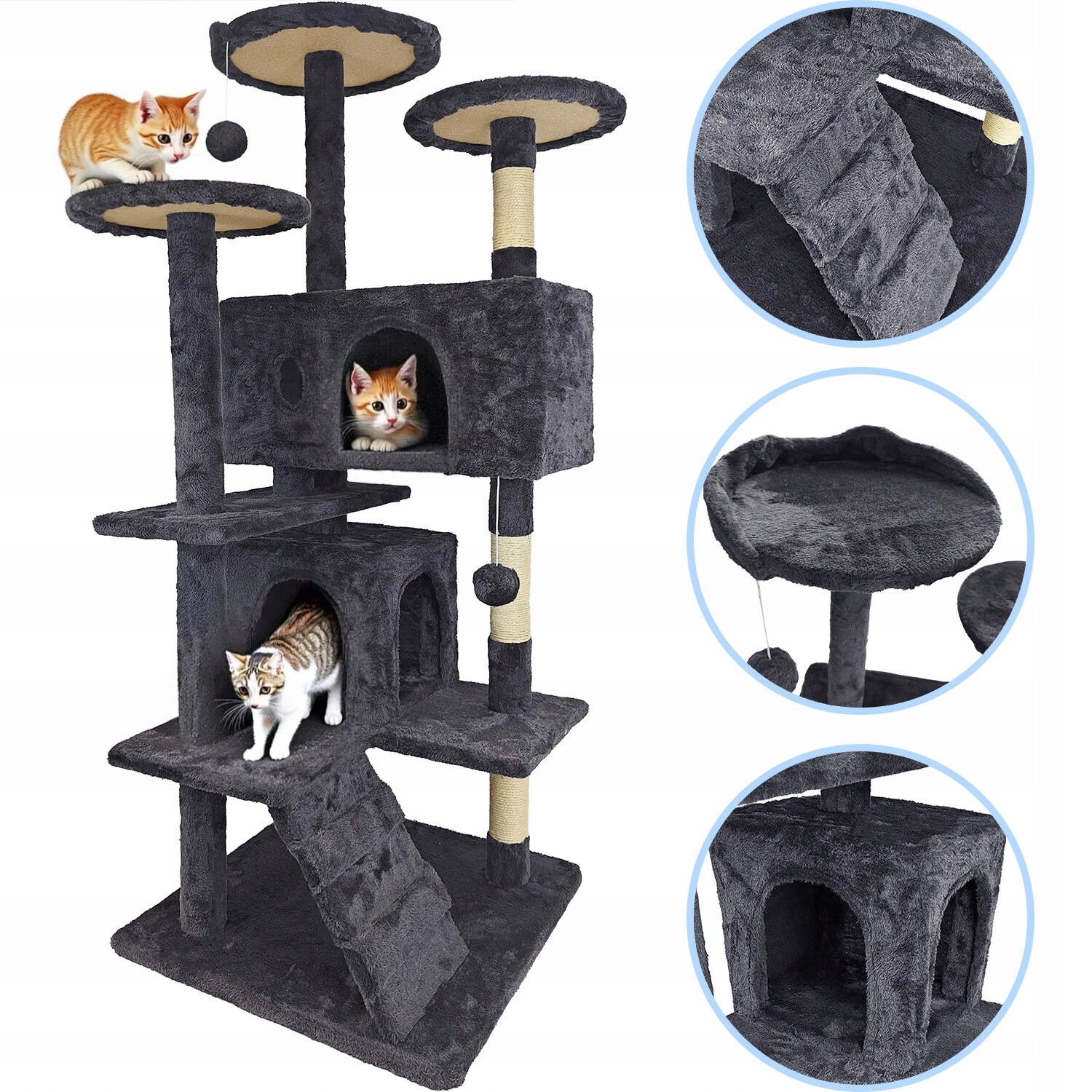 Škrabadlo pro kočky, domeček s hračkou, vysoké, 7 úrovní, pelíšek, hrad