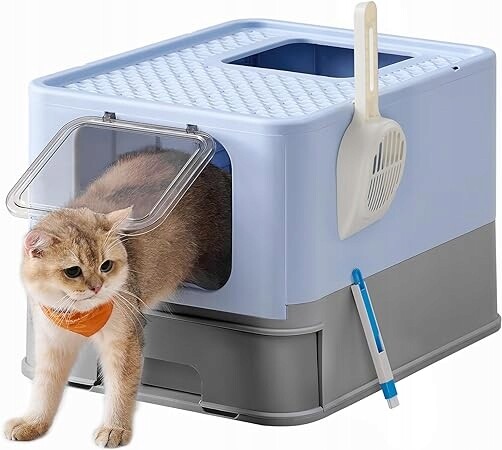 Velká toaleta pro kočky uzavřená s víkem, výsuvný podnos lopatka na kartáč