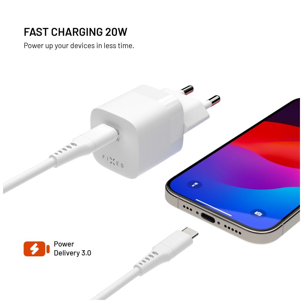 Set síťové nabíječky FIXED Mini s USB-C výstupem a USB-C/USB-C kabelu, podpora PD, 1,2 metr, 20W, bílá