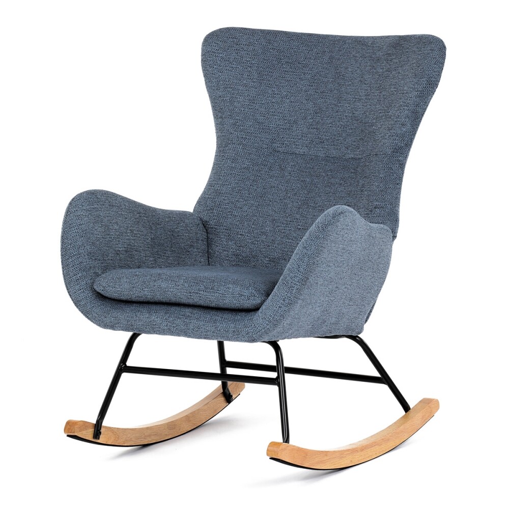 Houpací křeslo JERRIS, potah modrá látka, dřevěné nohy