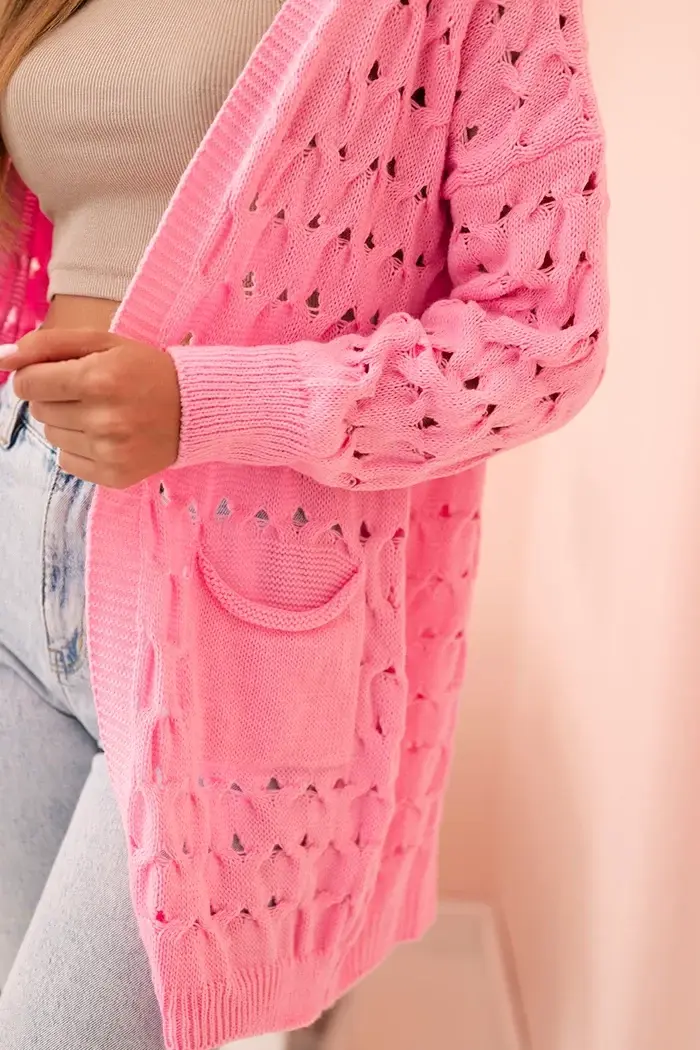 Kesi Włoski Dámský kardigan s kapsami a perforací světle růžový