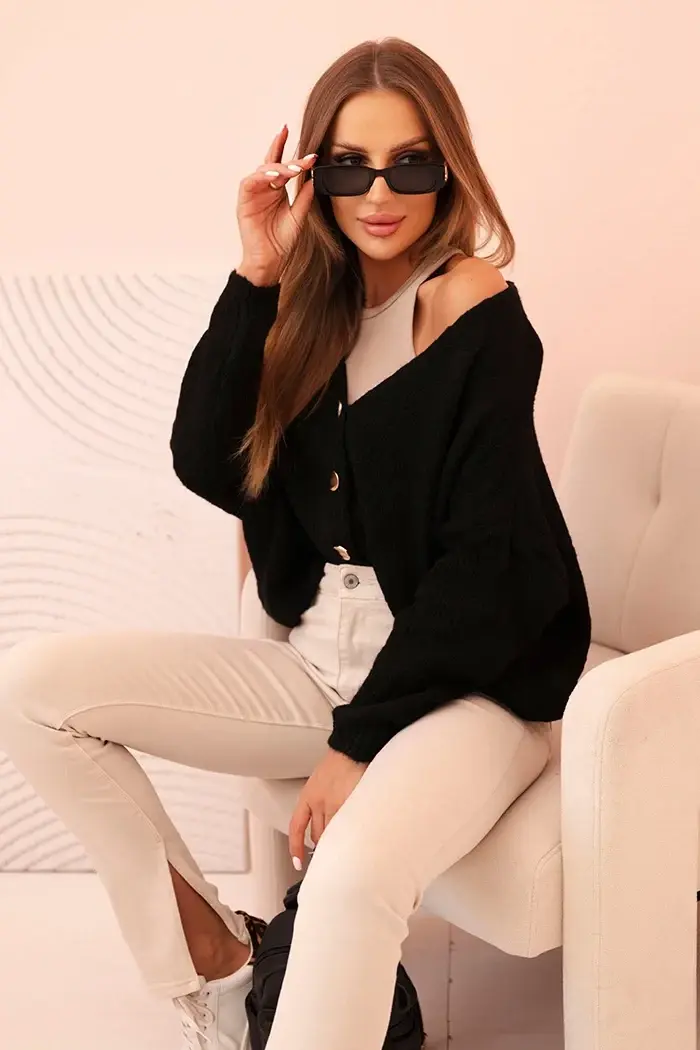 Kesi Włoski Svetr dámský s výstřihem do V a knoflíky černý