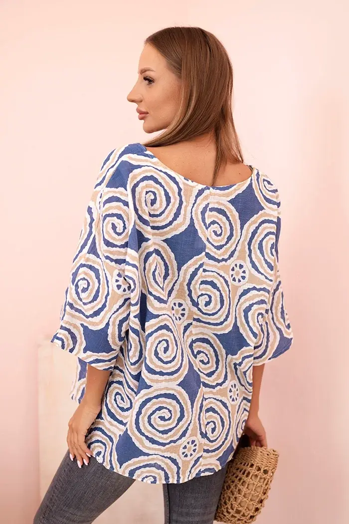 Kesi Włoski Dámská bavlněná blůza s etnickými vzory a ohrnutým rukávem jeansová