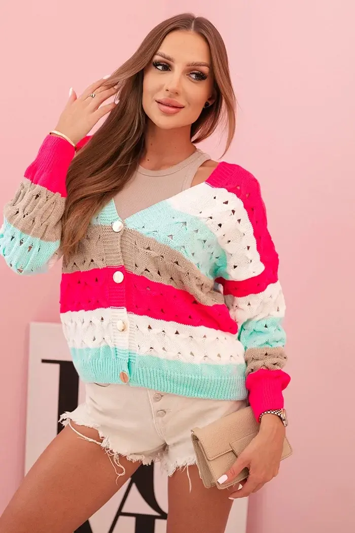 Kesi Włoski Dámský pruhovaný svetr s V výstřihem v barvě fuchsie + fango