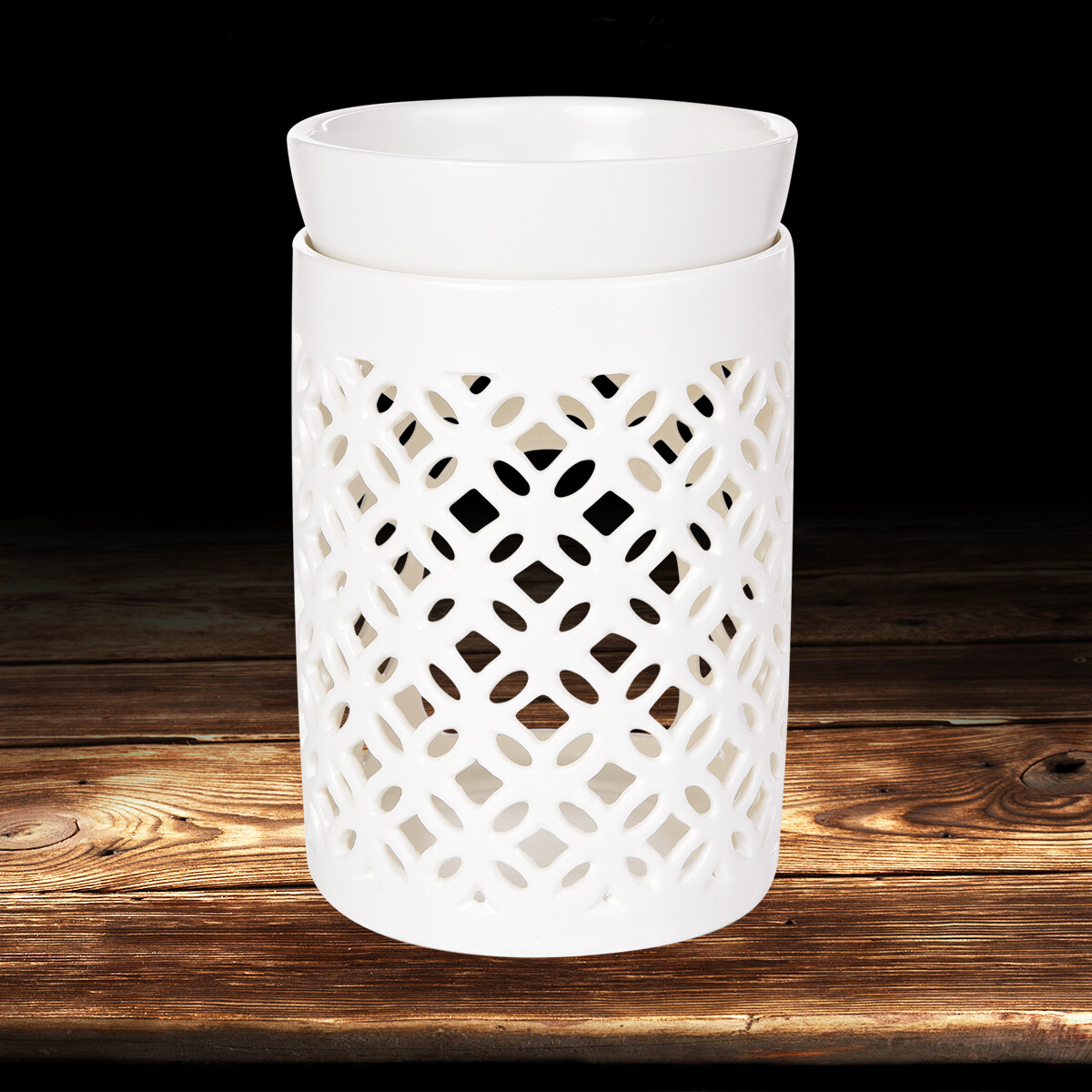 VIREA | Keramická aromalampa s geometrickým krajkovým dekorem | smetanová glazura & odnímatelná miska