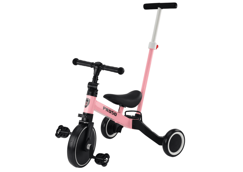 mamido Dětská tříkolka a odrážedlo 2v1 PRO50 s vodící tyčí růžová