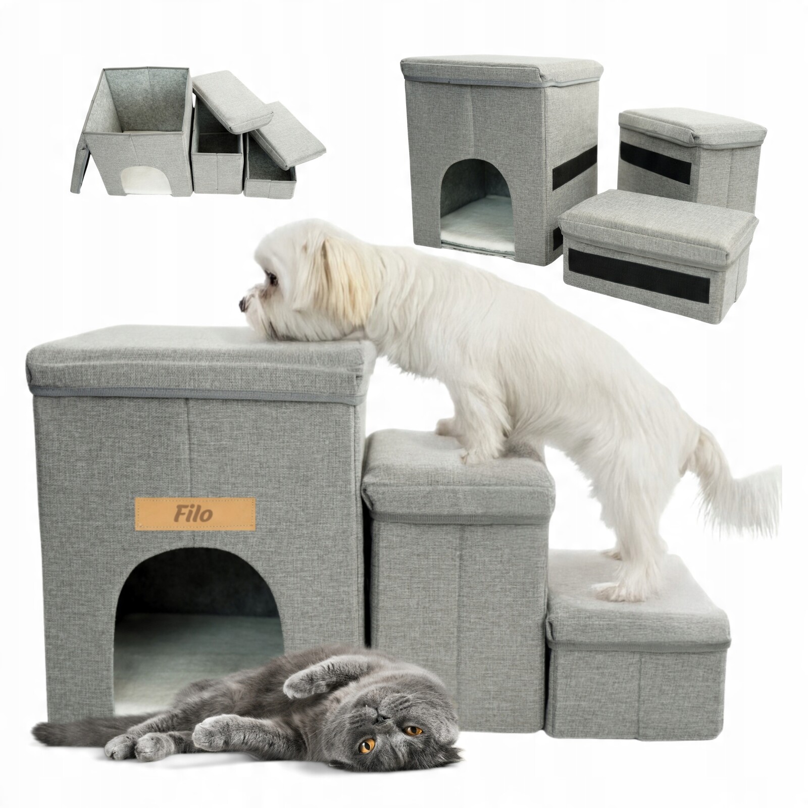 Schody pro psa kočku skládací s úložným prostorem a boudou, schody 3 stupně, Gravírování