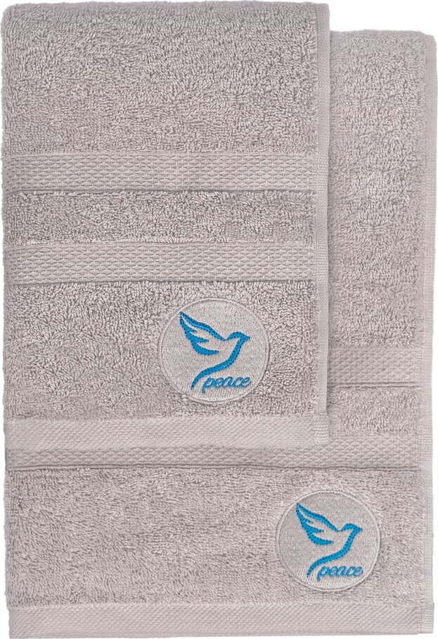 Šedé froté bavlněné ručníky a osušky v sadě 2 ks Peace – Foutastic