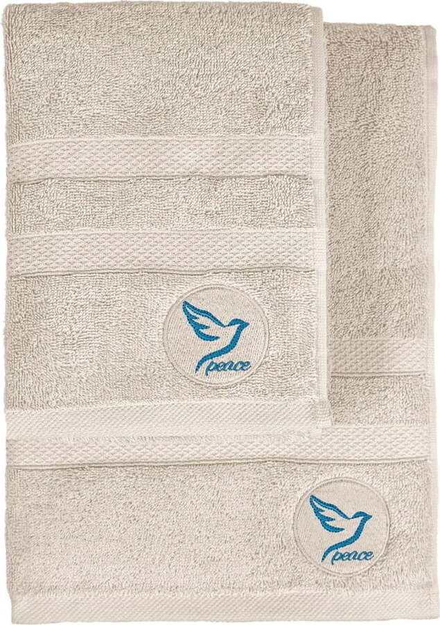 Béžové froté bavlněné ručníky a osušky v sadě 2 ks Peace – Foutastic