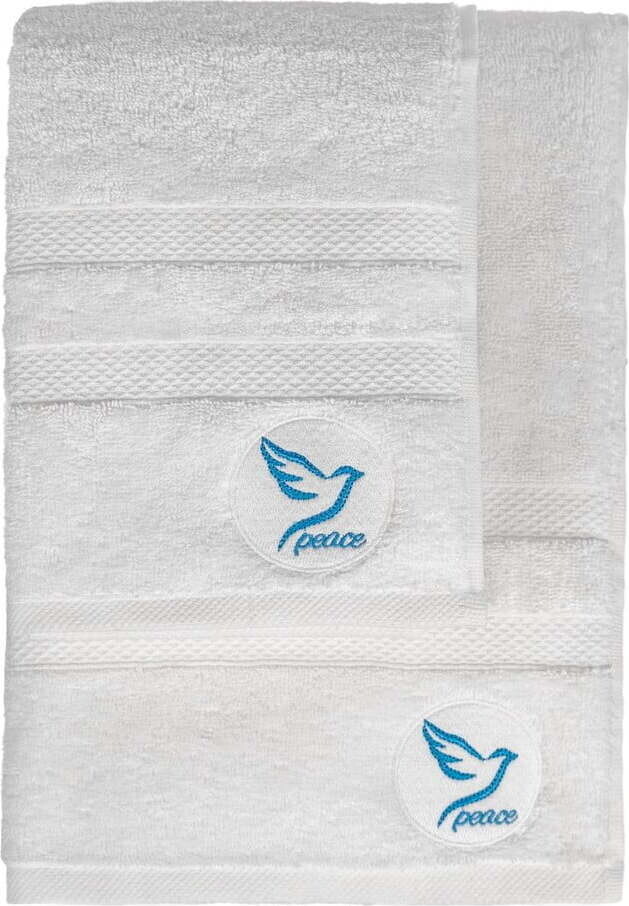 Bílé froté bavlněné ručníky a osušky v sadě 2 ks Peace – Foutastic