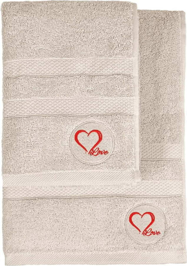 Béžové froté bavlněné ručníky a osušky v sadě 2 ks Love – Foutastic
