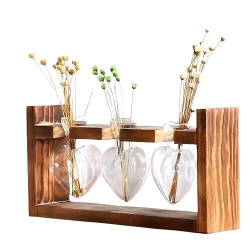 Skleněná váza s dřevěným rámem, Srdcovitý tvar pro hydroponii - 3 vázy