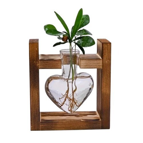 Skleněná váza s dřevěným rámem, srdcovitý tvar pro hydroponii - 1 váza