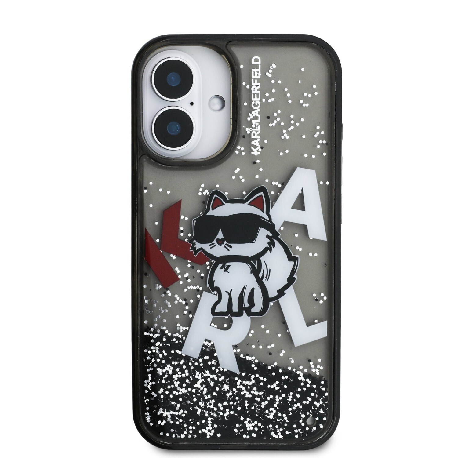 Zadní kryt Karl Lagerfeld Liquid Glitter Scattered Choupette pro Apple iPhone 16, černá